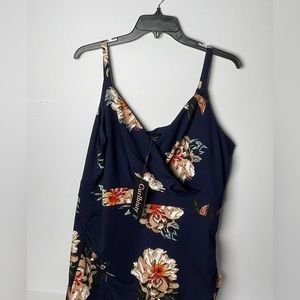 Curlbiuty Womans Bodycon Navy Blue Floral Ruched Tank Dress Sz 2xl